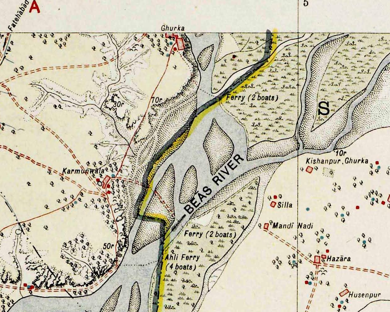 Survey of India map detail showing Karmunwala, Ghurka, neighbouring villages and ferry crossings along the Beas.
