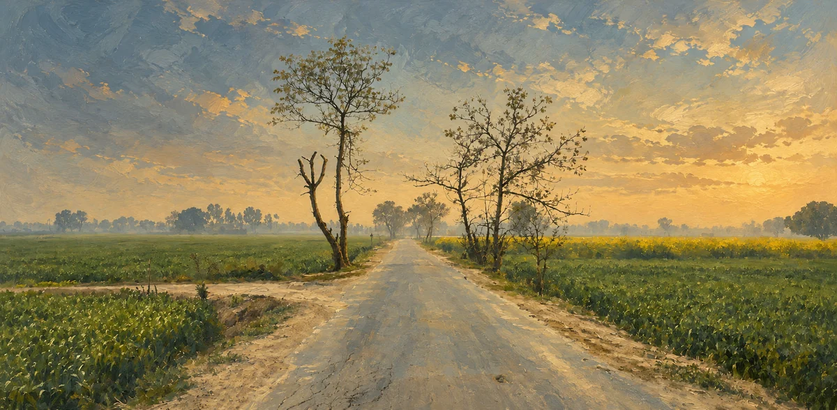Painterly illustration of the road through Karmuwala’s fields.